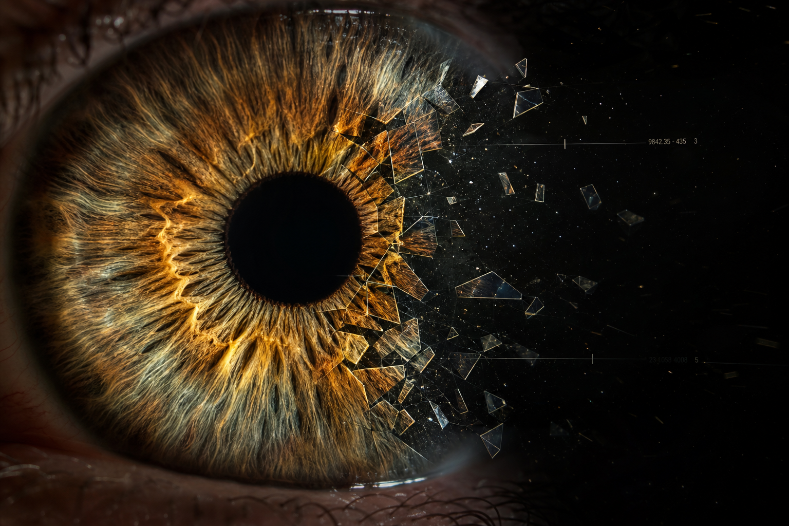 Extreme close-up of a human eye with digital shards, representing AI retinal analysis