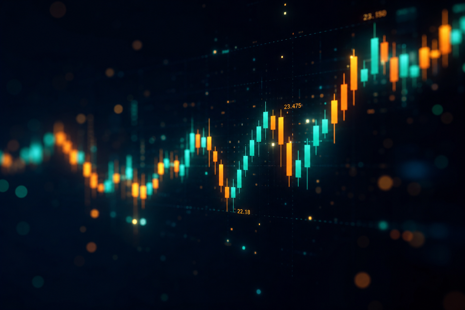 Glowing candlestick chart visualising algorithmic trading data